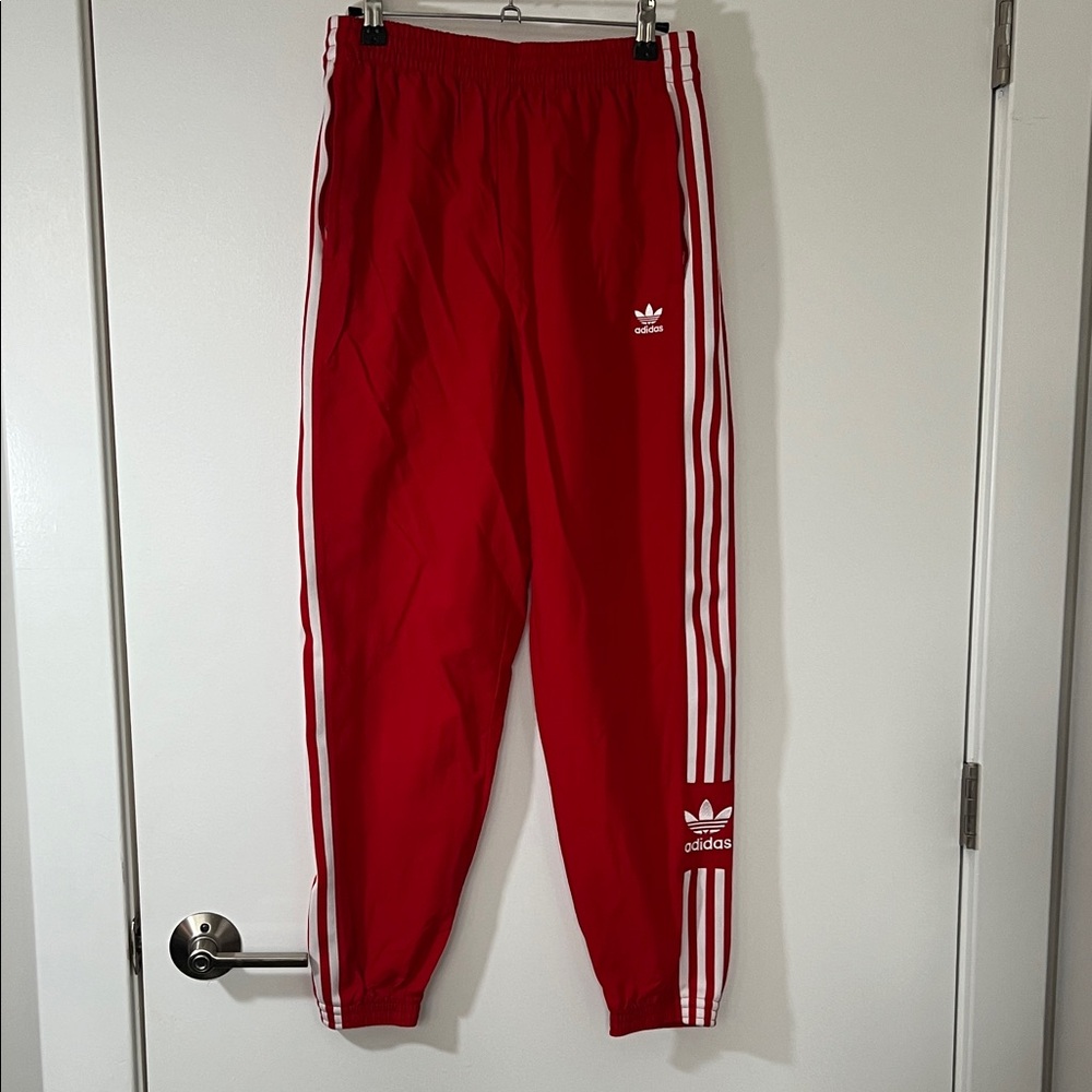 Adidas Red Track Pants Joggers with White Stripes